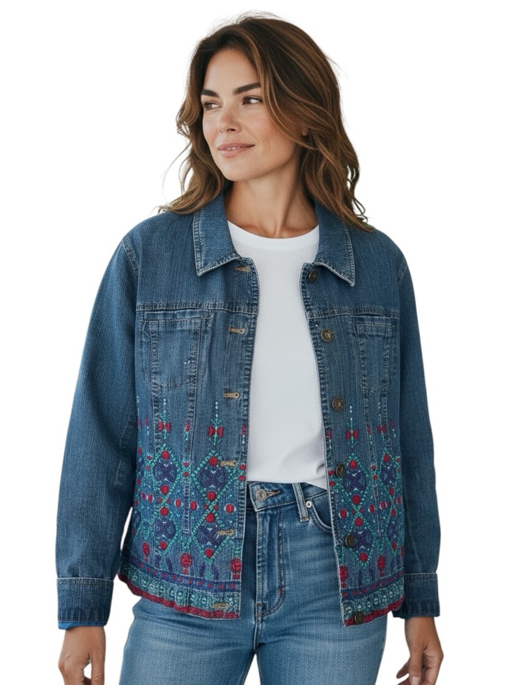 Coldwater Creek Petite Medium PM Women’s Embroidered Denim Floral Jacket.